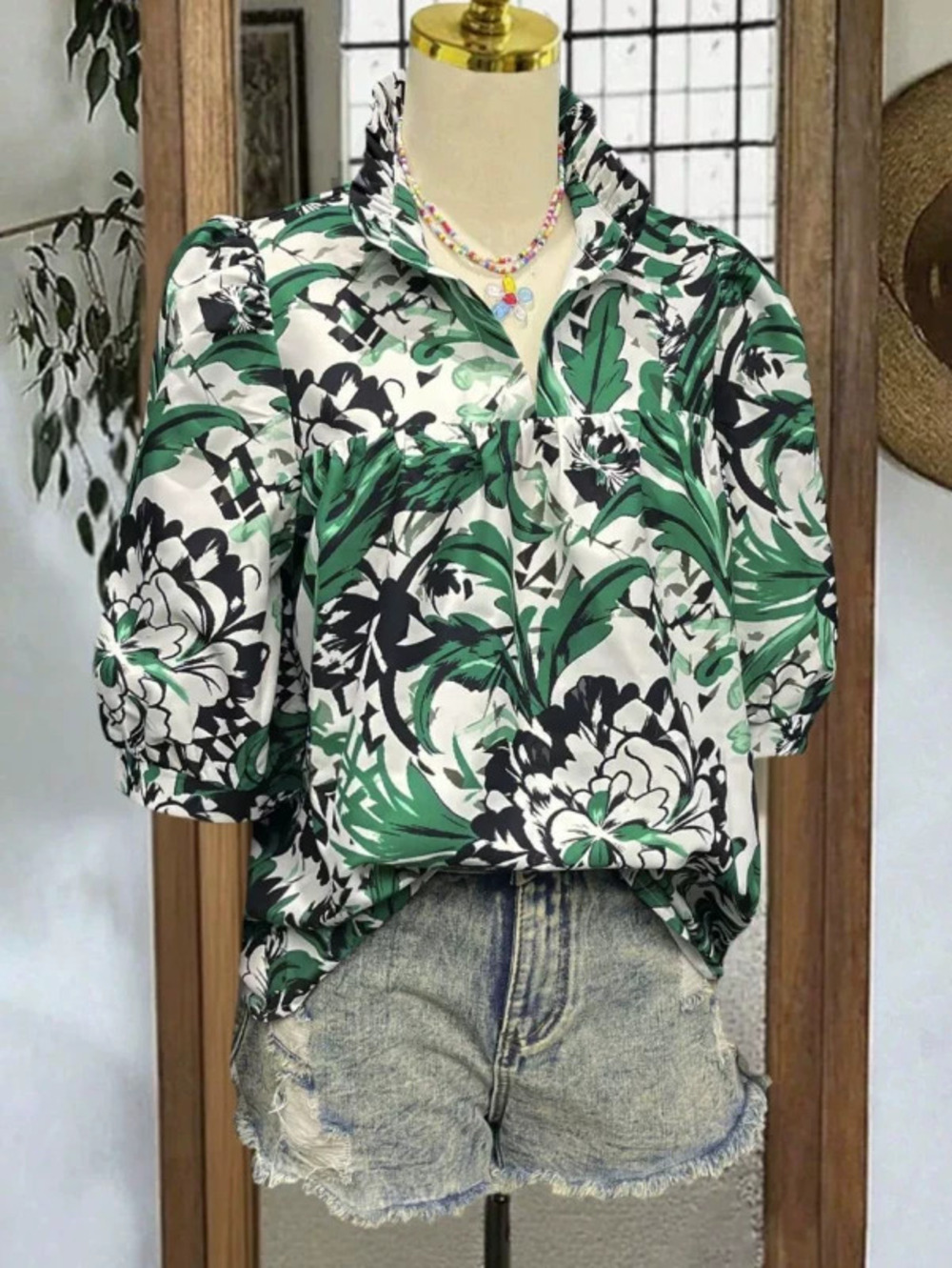 ZARA Independent Site Collar Print Mid Sleeve Loose Comfortable Top